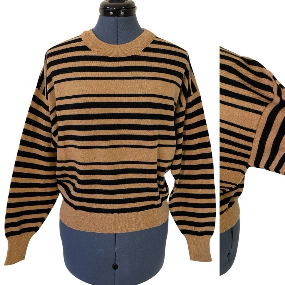 VTG Dalton Brown Black Stripe Boxy Oversized Sweater Balloon Sleeve Wool 80's XL